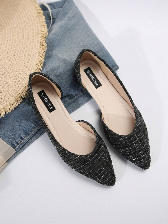 New Fashionable Women's Black Hollow Out Flat Shoes With Pointed Toe, Comfortable And Slip-Resistant For Walking And Strolling