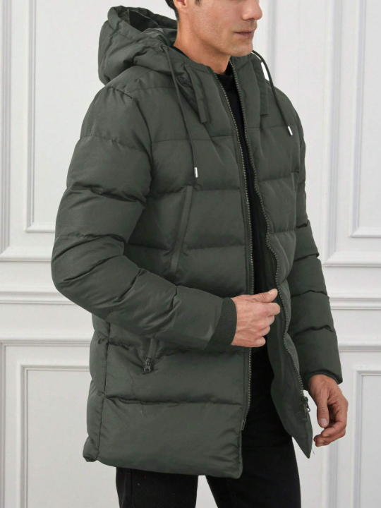 Men's Drawstring Hooded Zippered Padded Coat