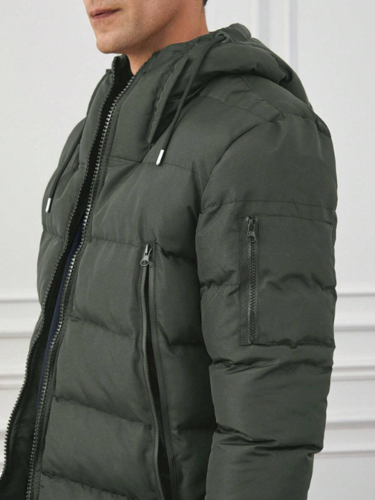 Men's Drawstring Hooded Zippered Padded Coat