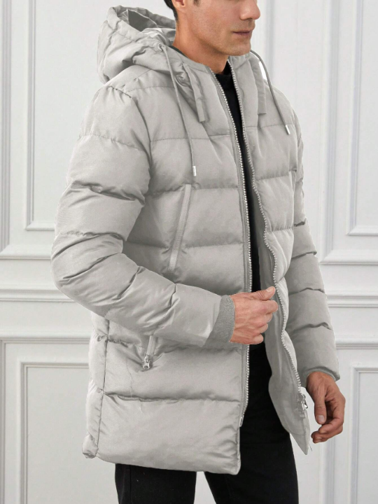 Men's Drawstring Hooded Zippered Padded Jacket