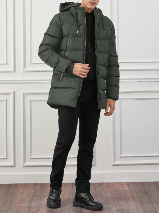 Men's Drawstring Hooded Zippered Padded Coat