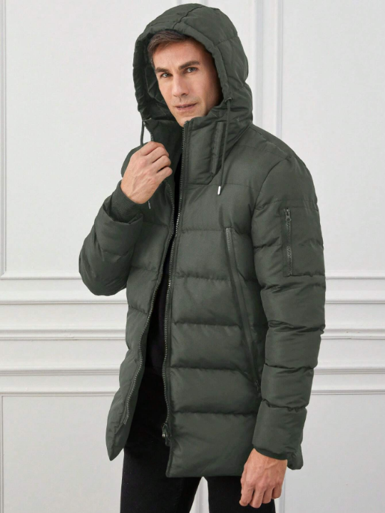 Men's Drawstring Hooded Zippered Padded Coat