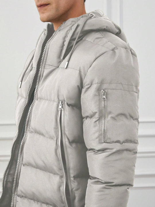 Men's Drawstring Hooded Zippered Padded Jacket