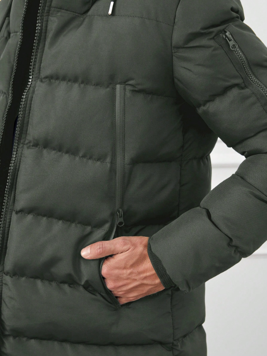 Men's Drawstring Hooded Zippered Padded Coat