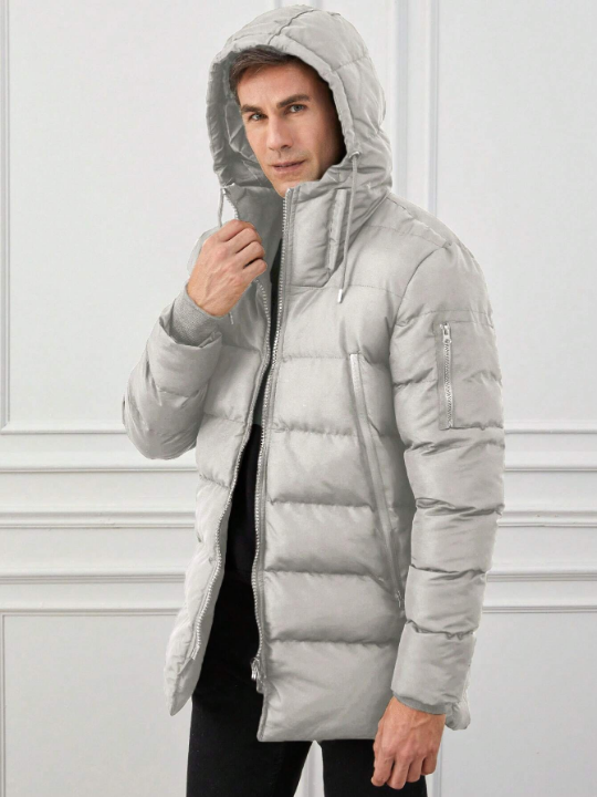 Men's Drawstring Hooded Zippered Padded Jacket