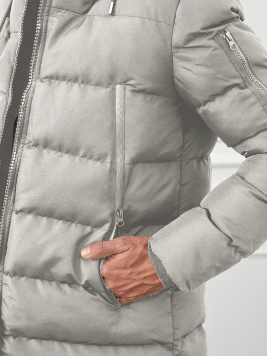 Men's Drawstring Hooded Zippered Padded Jacket