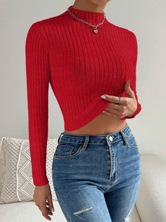Essnce Stand Collar Long Sleeve Cropped Pullover Sweater Casual Style