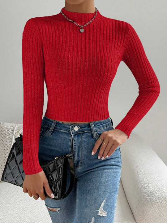 Essnce Stand Collar Long Sleeve Cropped Pullover Sweater Casual Style