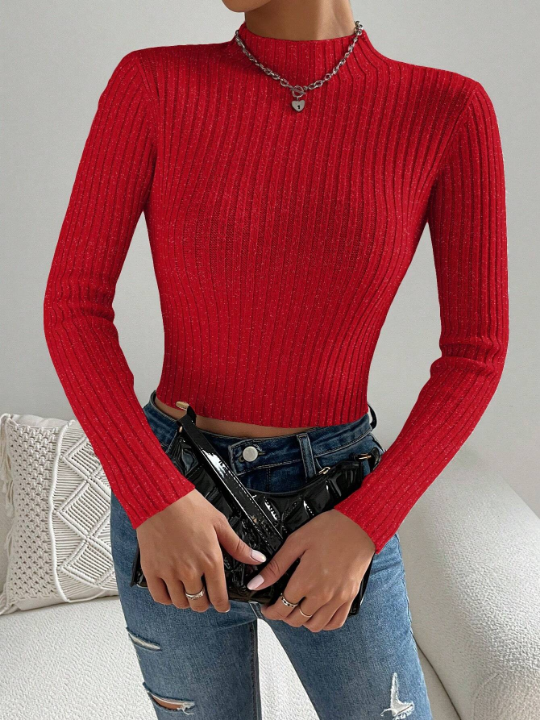 Essnce Stand Collar Long Sleeve Cropped Pullover Sweater Casual Style