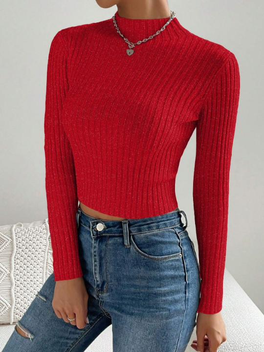 Essnce Stand Collar Long Sleeve Cropped Pullover Sweater Casual Style