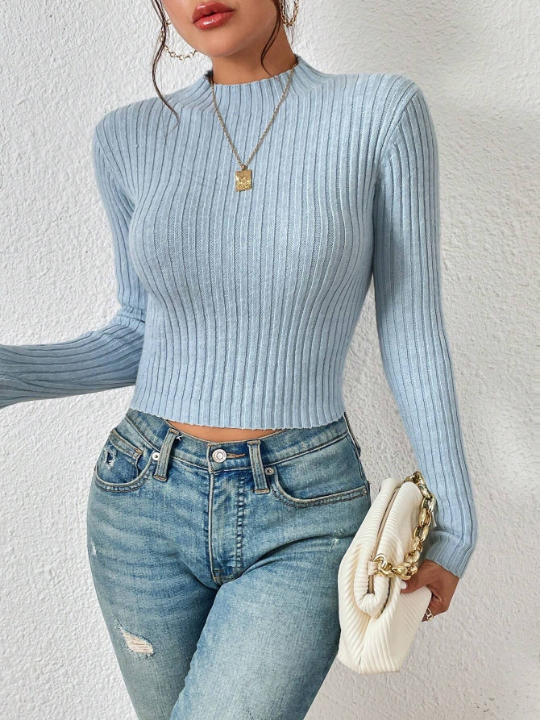 Essnce Stand Collar Long Sleeve Cropped Pullover Sweater For Casual Wear