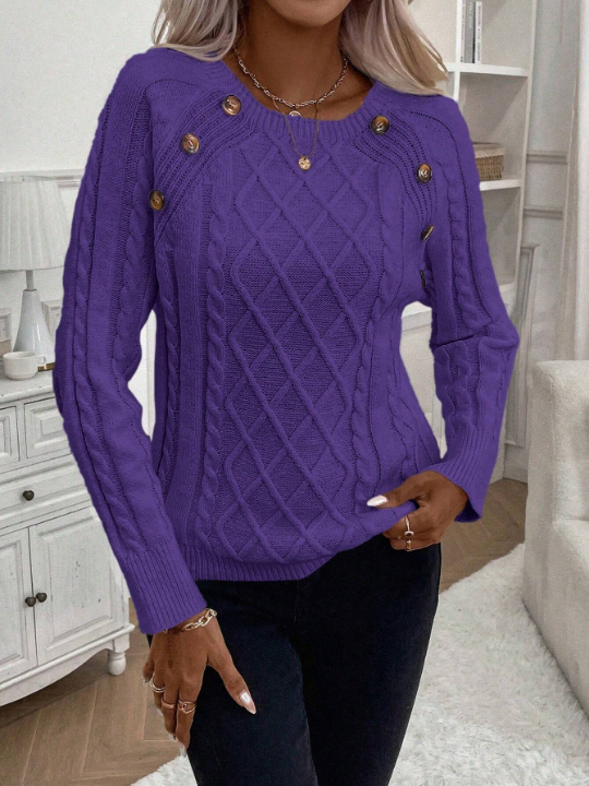 LUNE Women's Knitted Sweater With Button Embellishment And Cable Knit Design