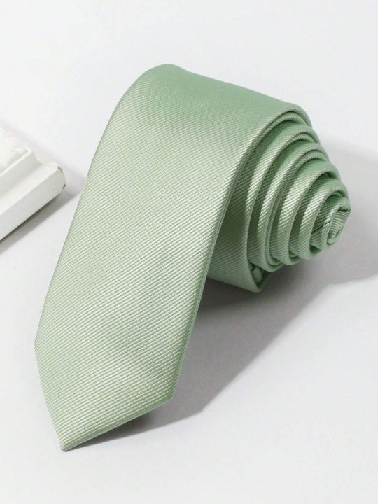 1pc Men's Fashionable Solid Mint Green & Thin Stripes Versatile Necktie Suitable For Banquets