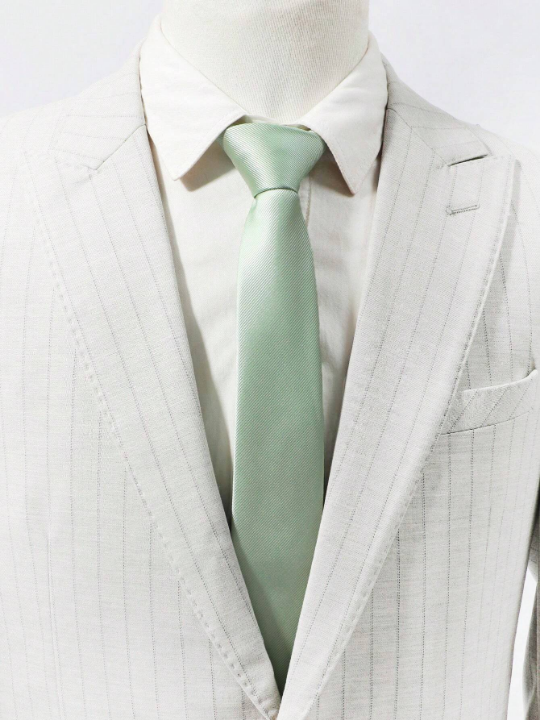 1pc Men's Fashionable Solid Mint Green & Thin Stripes Versatile Necktie Suitable For Banquets