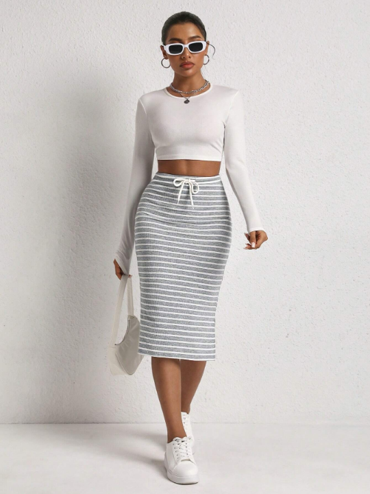 EZwear Women's Striped Knitted Skirt