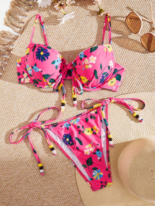 Women's Floral Printed Front Knot Swimsuit Set Valentine