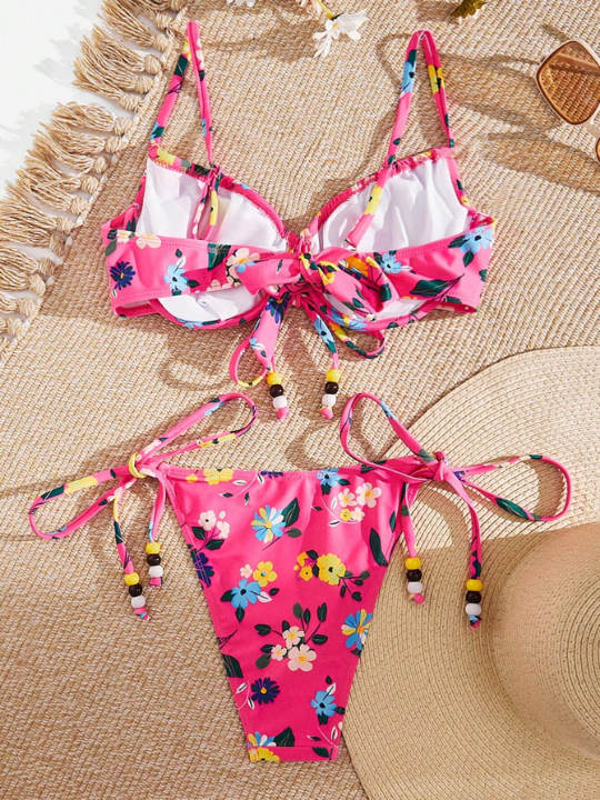 Women's Floral Printed Front Knot Swimsuit Set Valentine