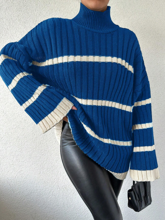 Women's High Neck Striped Loose Sweater