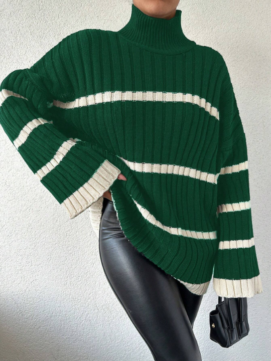 Women's Stand Collar Drop Shoulder Long Sleeve Color-Block Sweater