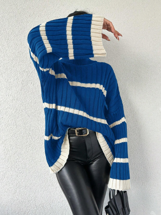 Women's High Neck Striped Loose Sweater