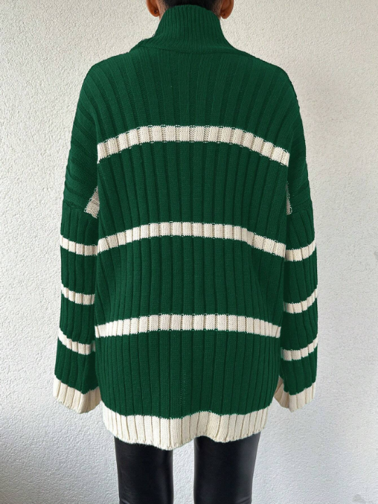 Women's Stand Collar Drop Shoulder Long Sleeve Color-Block Sweater