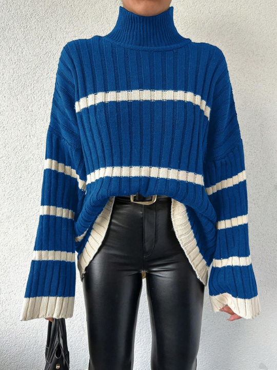 Women's High Neck Striped Loose Sweater