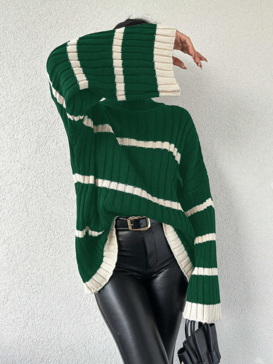 Women's Stand Collar Drop Shoulder Long Sleeve Color-Block Sweater