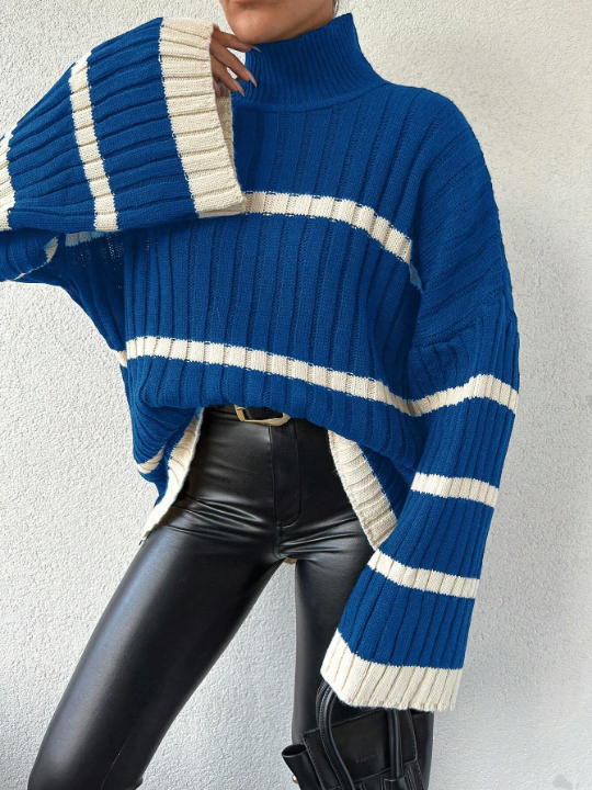 Women's High Neck Striped Loose Sweater