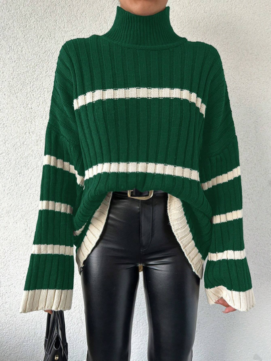 Women's Stand Collar Drop Shoulder Long Sleeve Color-Block Sweater