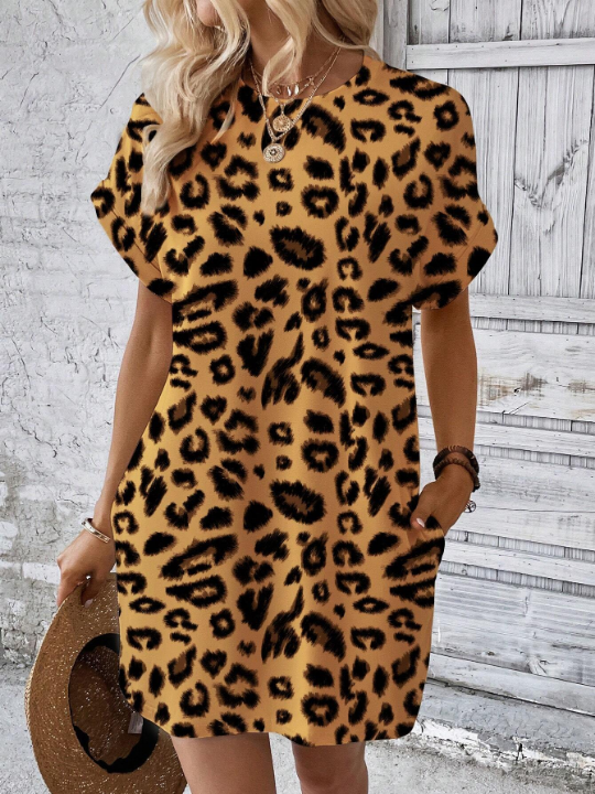 Women'S Leopard Print Round Neck Batwing Short Sleeve Dress