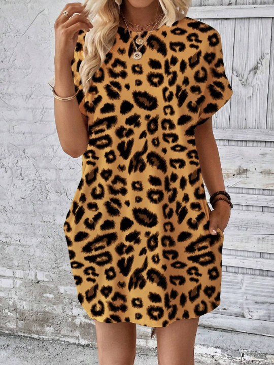 Women'S Leopard Print Round Neck Batwing Short Sleeve Dress