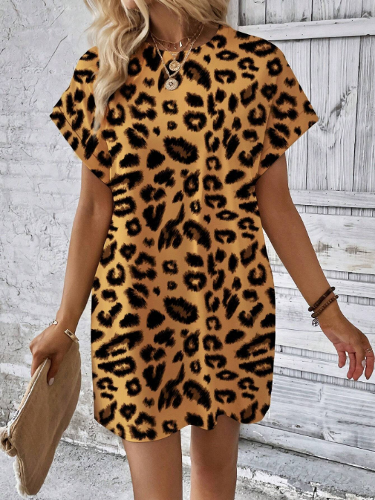 Women'S Leopard Print Round Neck Batwing Short Sleeve Dress