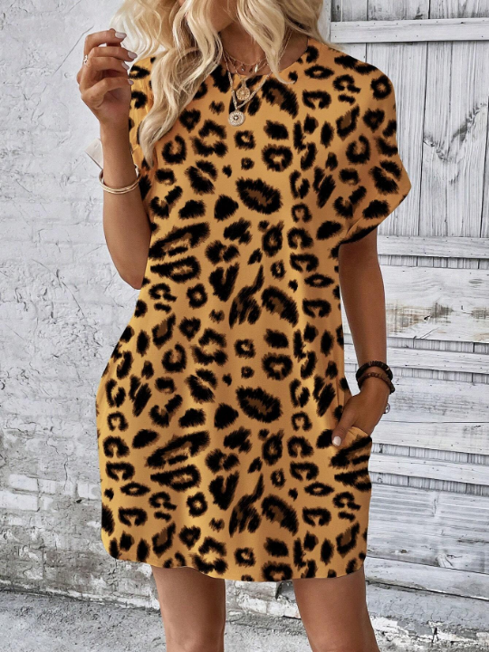 Women'S Leopard Print Round Neck Batwing Short Sleeve Dress