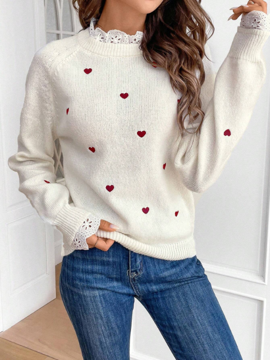 Frenchy Women's Heart Embroidery Raglan Sleeve Lace Trim Collar Detail Sweater