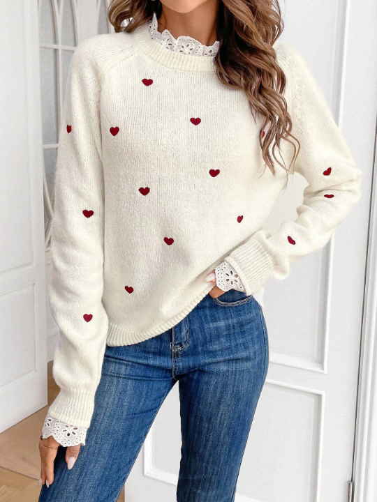 Frenchy Women's Heart Embroidery Raglan Sleeve Lace Trim Collar Detail Sweater