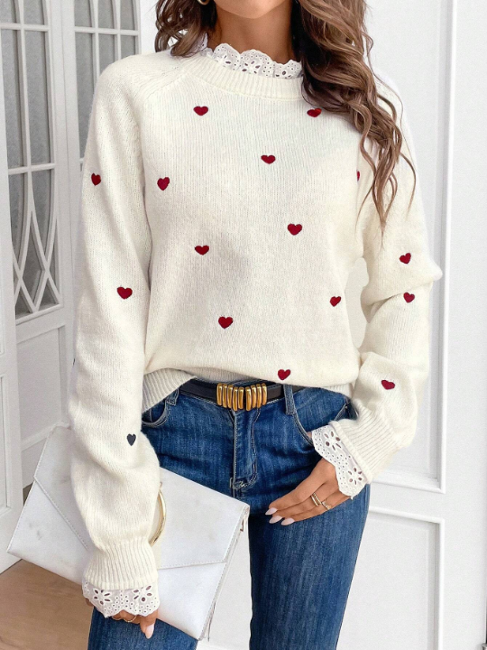 Frenchy Women's Heart Embroidery Raglan Sleeve Lace Trim Collar Detail Sweater