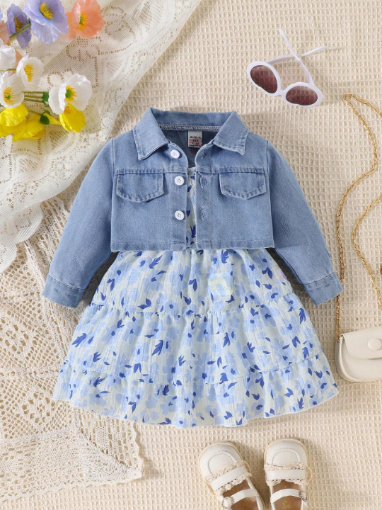 Baby Girl Denim Jacket Floral Strap Cake Dress Two-Piece Suit