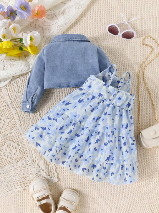 Baby Girl Denim Jacket Floral Strap Cake Dress Two-Piece Suit