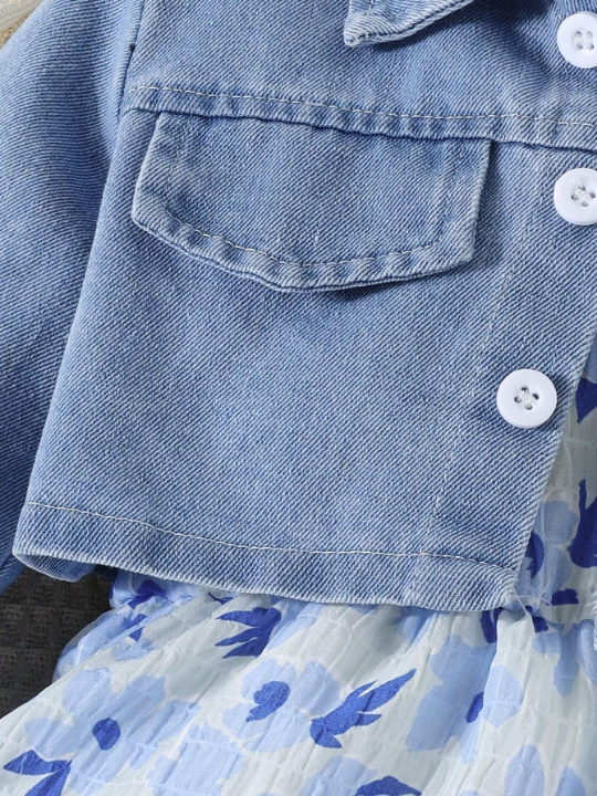 Baby Girl Denim Jacket Floral Strap Cake Dress Two-Piece Suit