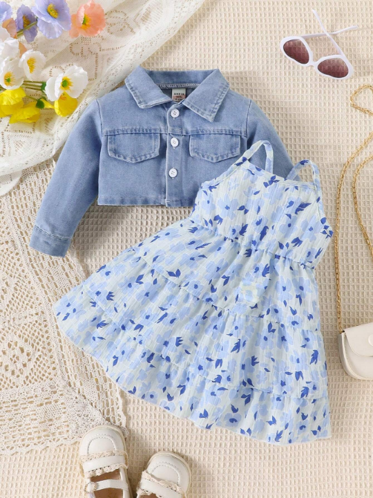 Baby Girl Denim Jacket Floral Strap Cake Dress Two-Piece Suit