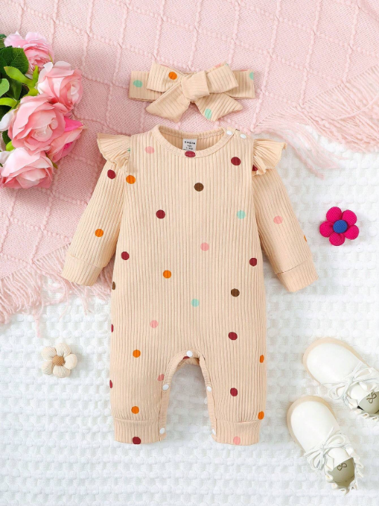 Baby Girls' Polka Dot Long Sleeve Romper With Ruffle Trim Stitching