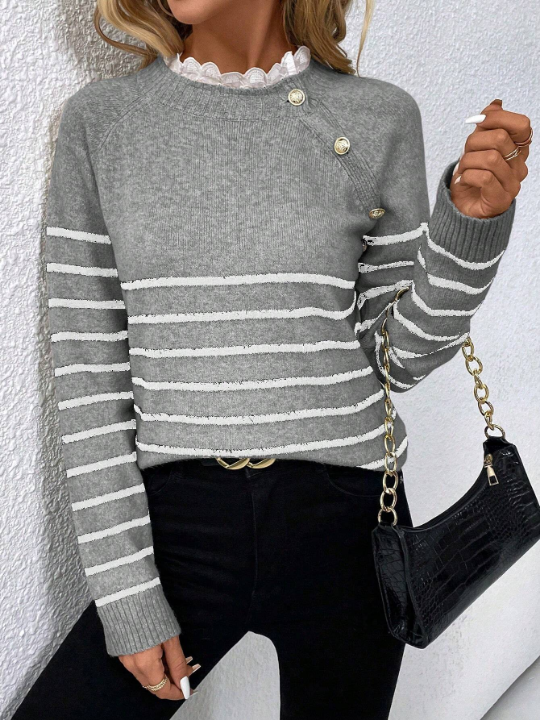 Priv Women's Striped Raglan Long Sleeve Sweater Pullover