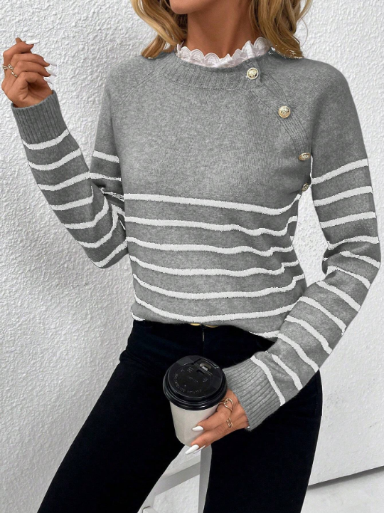 Priv Women's Striped Raglan Long Sleeve Sweater Pullover