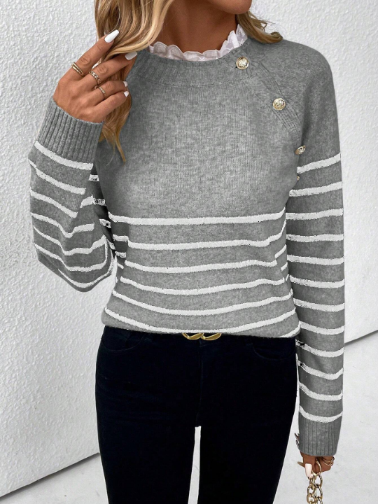 Priv Women's Striped Raglan Long Sleeve Sweater Pullover