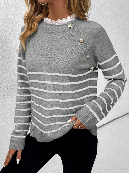 Priv Women's Striped Raglan Long Sleeve Sweater Pullover