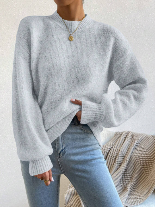 Solid Color Stand Collar Drop Shoulder Sweater