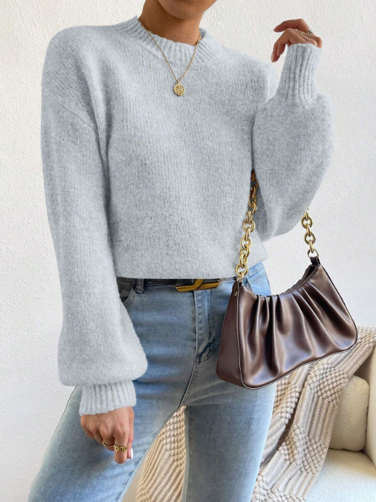 Solid Color Stand Collar Drop Shoulder Sweater