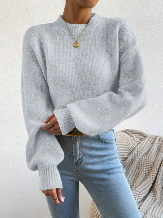 Solid Color Stand Collar Drop Shoulder Sweater