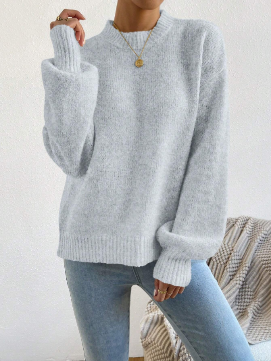 Solid Color Stand Collar Drop Shoulder Sweater