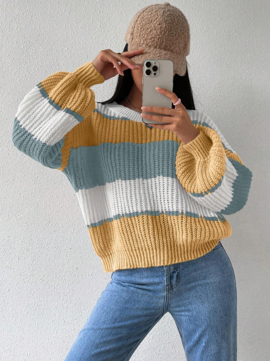 Essnce Women's Striped Drop Shoulder Sweater Pullover